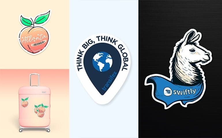 Custom sticker design examples featuring a peach illustration, global badge, and llama mascot.