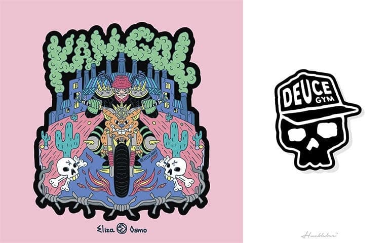 Colorful illustrated Kangol sticker design and a black and white Deuce Gym skull sticker.