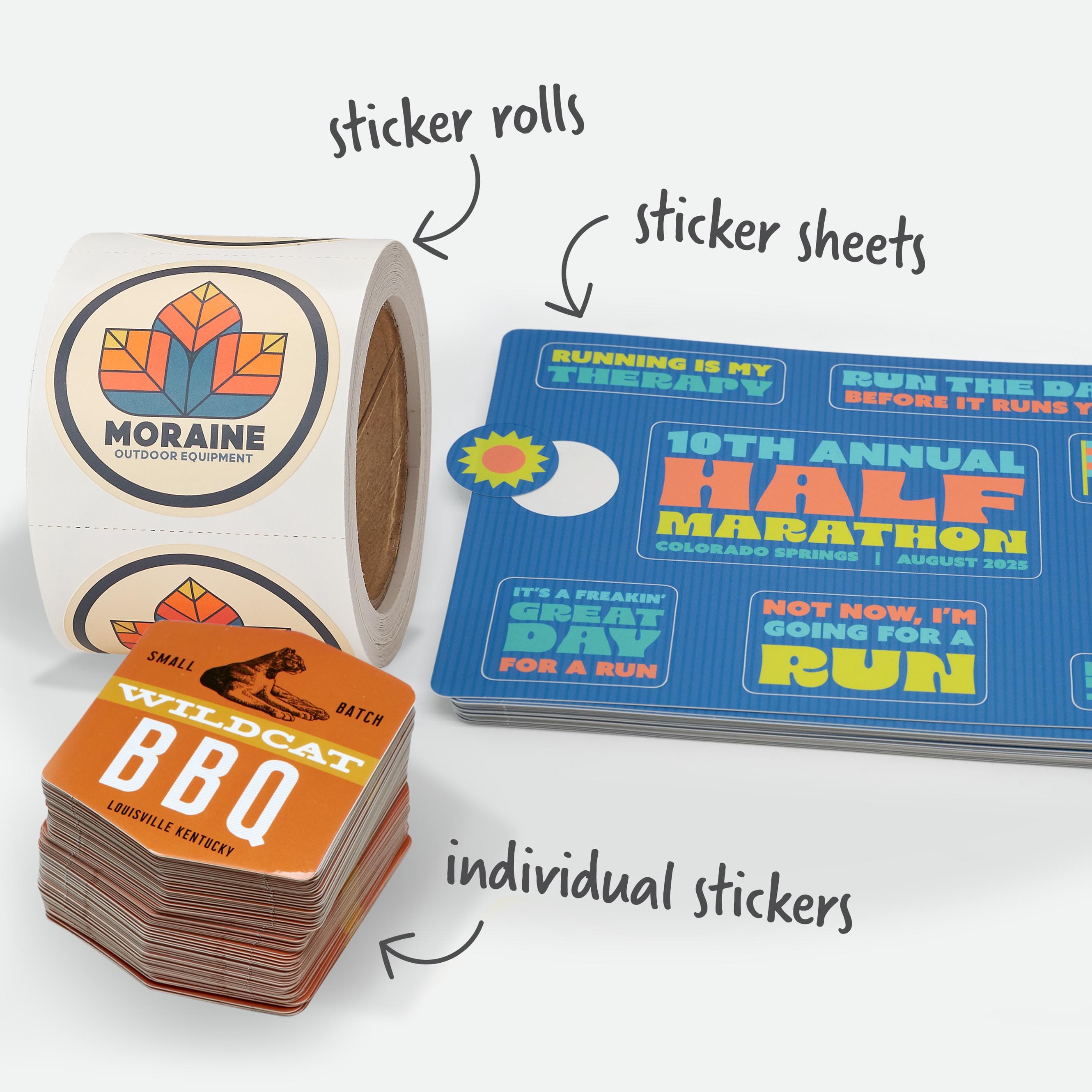 Custom stickers shown as sticker rolls, sticker sheets, and individual stickers.