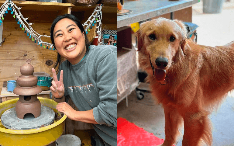 Split image of ceramic artist Michelle Sakai-Hart smiling at a pottery wheel with a clay sculpture, alongside a golden retriever standing in a studio workspace, illustrating her journey from aquatic biology to pottery artistry.