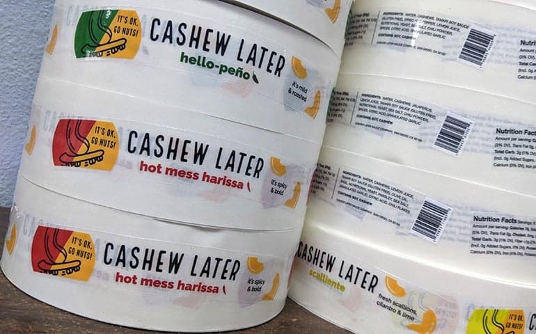 Close up of Clear Label with white ink behind typography
