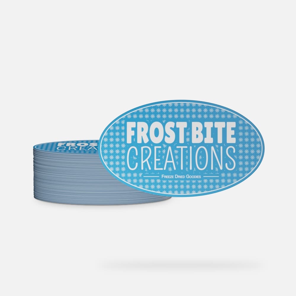 Stack of custom oval stickers with full-color printing and glossy lamination.