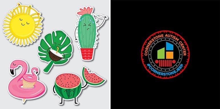 Cute summer themed stickers including a sun, cactus, flamingo, leaf, and watermelon, shown next to a Cornerstone Autism Center logo sticker.
