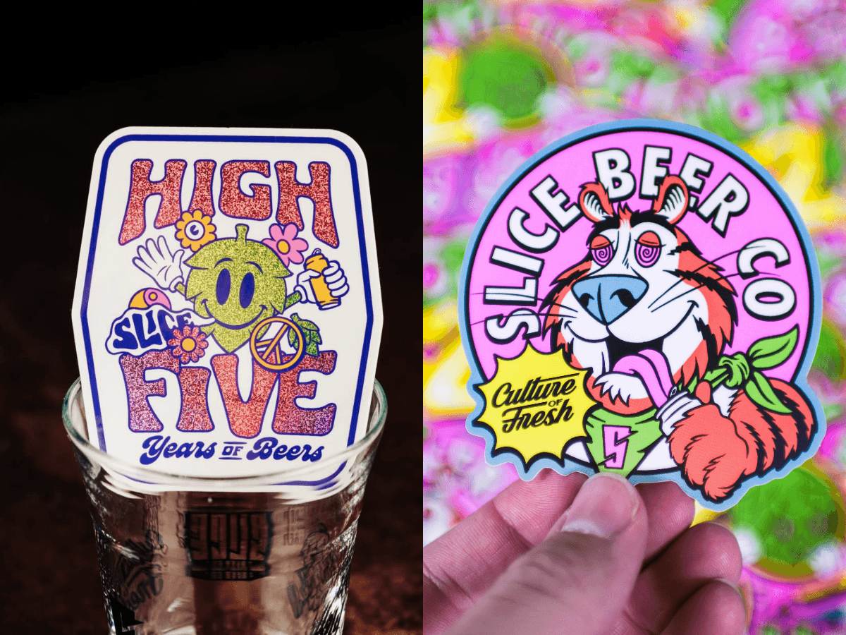 Two colorful beer themed stickers: one glittery ‘High Five Years of Beers’ design in a glass, and one round ‘Slice Beer Co’ tiger mascot sticker held in a hand.
