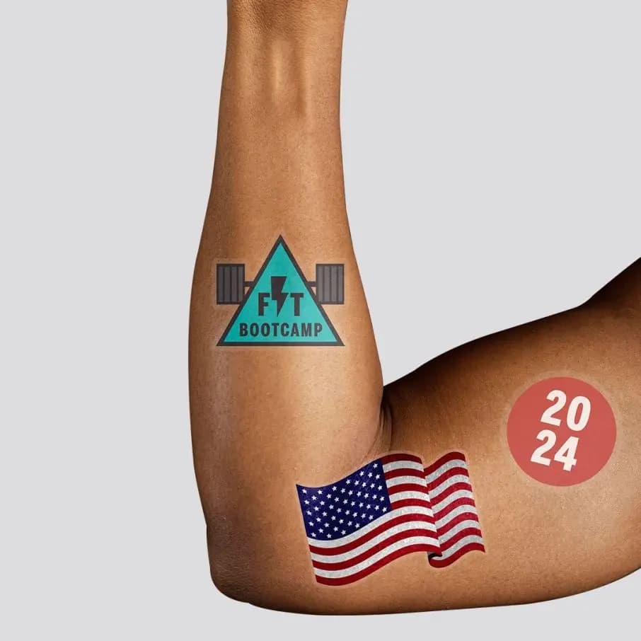 A flexed arm with Waterless Tattoos printed by StickerGiant applied to it