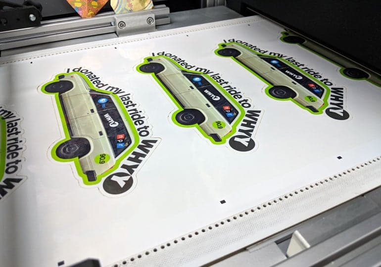 StickerGiant WHYY glossy die cut sticker on laser die cutter blog