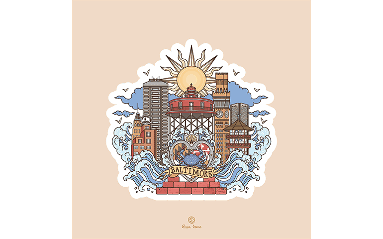 Illustrated Baltimore themed sticker featuring city buildings, waves, and a sunburst.