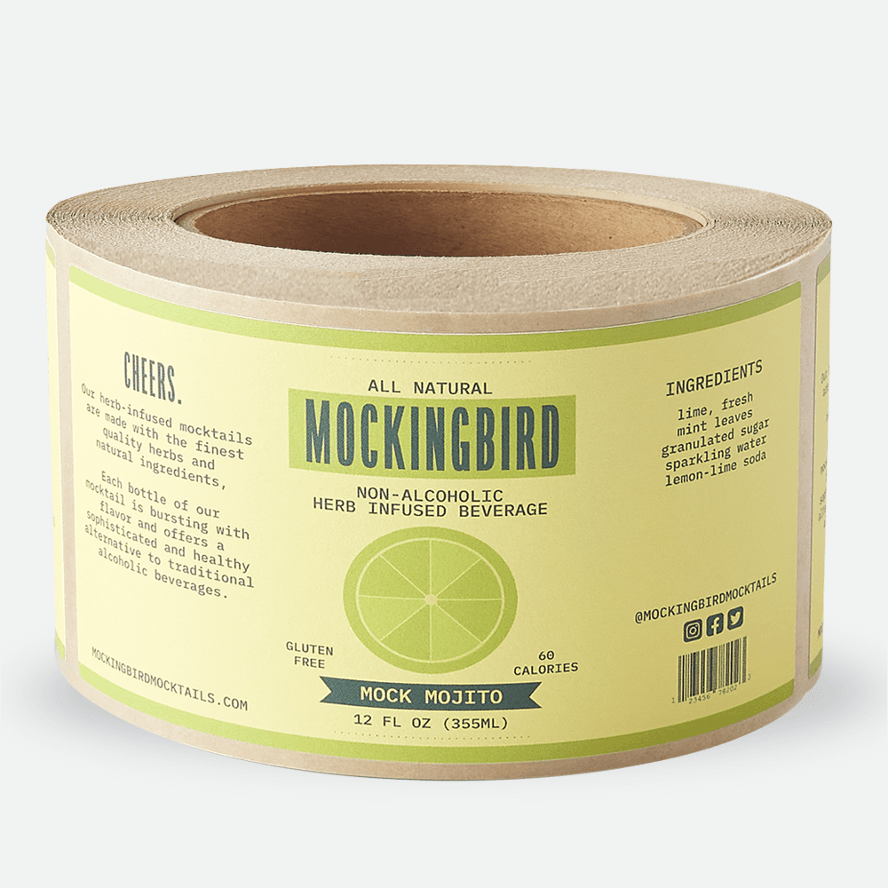 Roll of custom matte paper beverage labels for Mockingbird non-alcoholic mocktail cans.