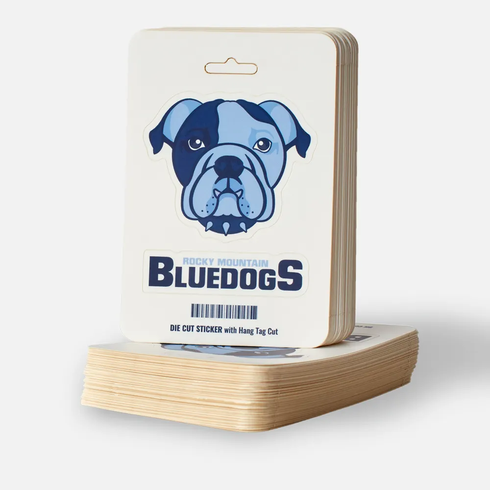 A sticker sheet featuring a hang-tag cut line and a blue bulldog with a barcode scanner