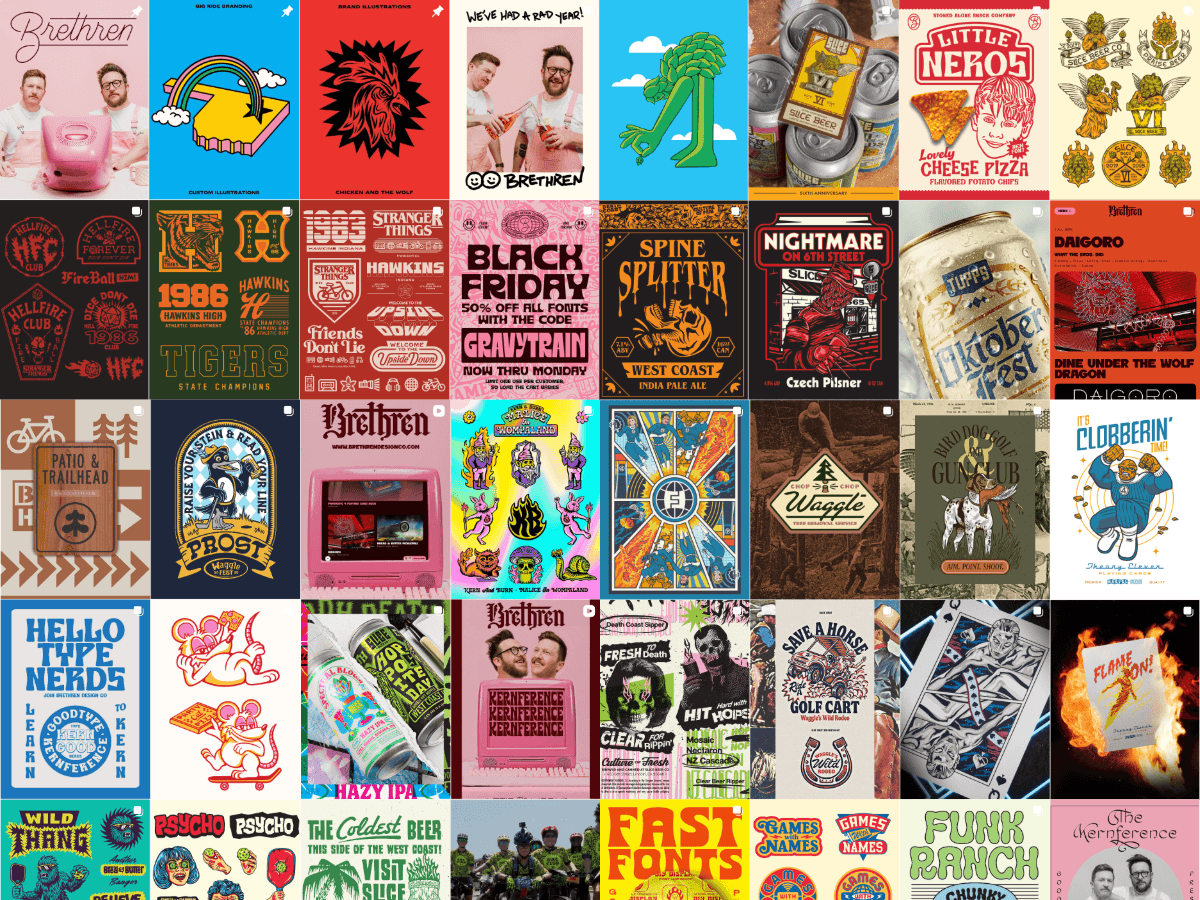 A collage of colorful graphic design and illustration work arranged in a grid.