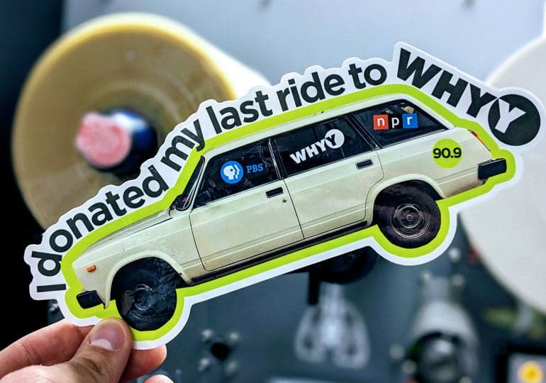StickerGiant WHYY glossy die cut sticker on laser die cutter hero blog