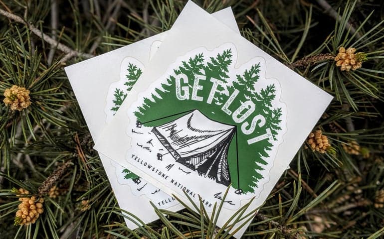 Custom Matte Stickers Printed by StickerGiant with Get Lost Design for Yellowstone National Park designed by Design Studio and sold by Surf Wyoming in WY