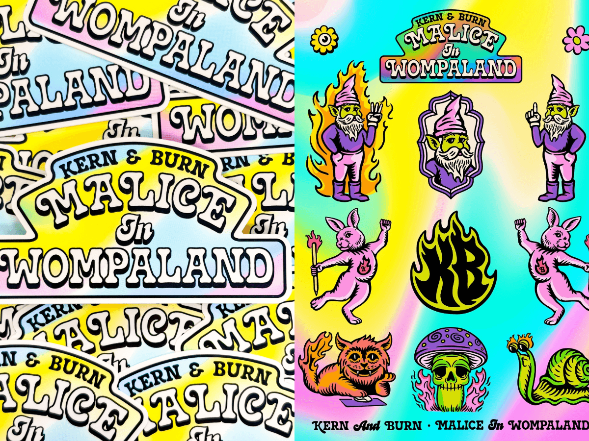 Colorful ‘Malice in Wompaland’ stickers and characters with gnomes, rabbits, flames, and psychedelic designs on a bright gradient background.