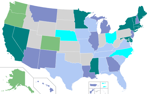 Map of United States of America highlighting changing marijuana laws