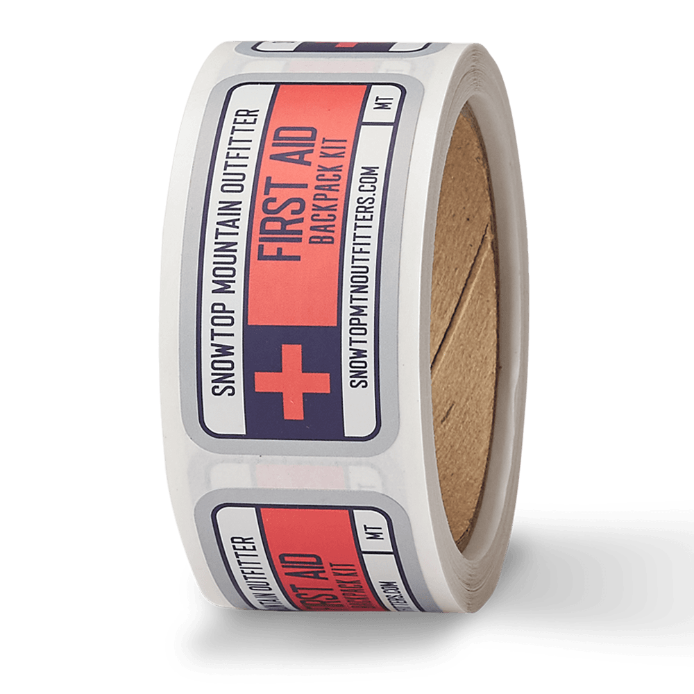 A roll of Snowtop Mountain Outfitter First Aid Backpack kit matte labels printed by StickerGiant