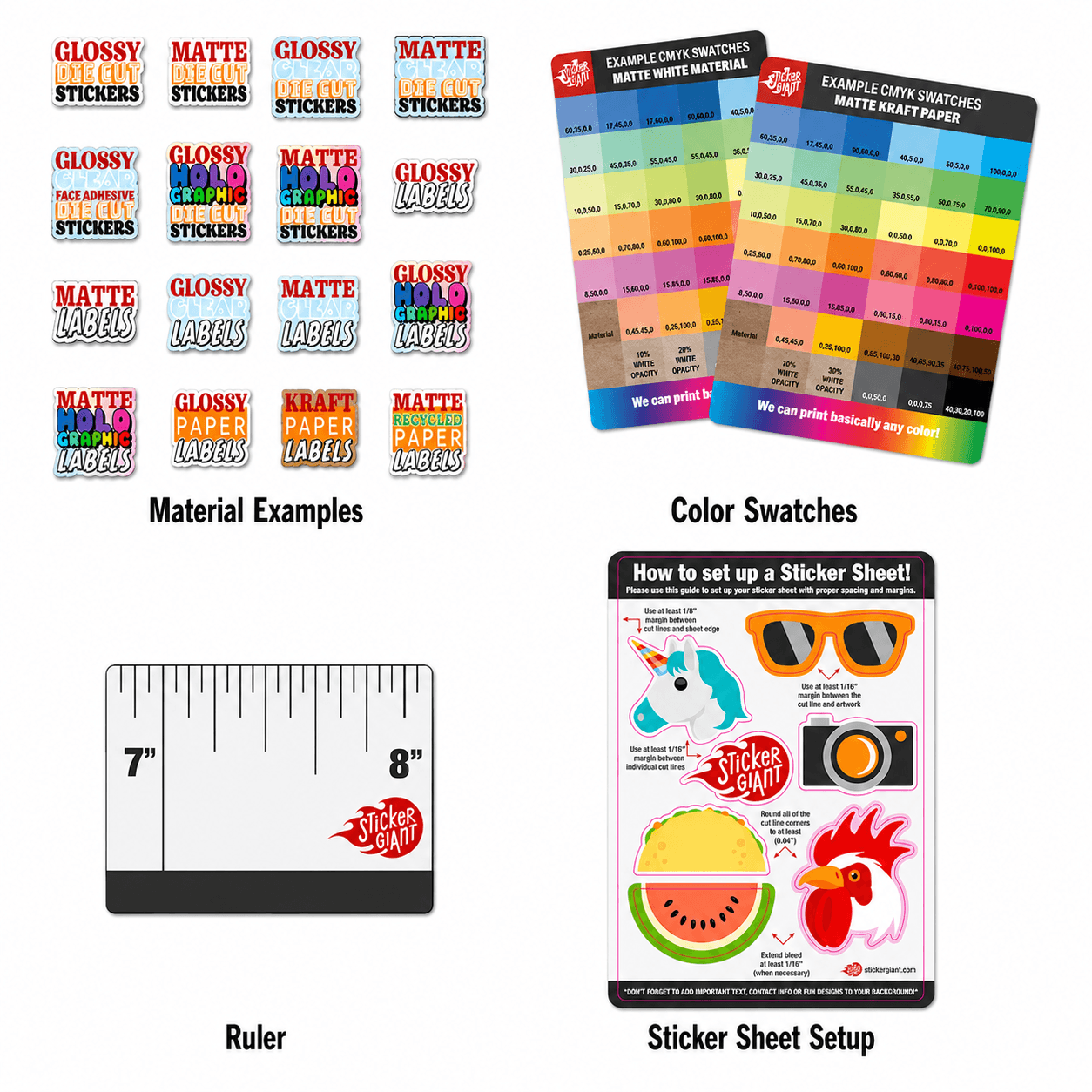 Sticker Sample Pack contents including material examples, CMYK color swatches, ruler sizing guide, and sticker sheet setup guide.