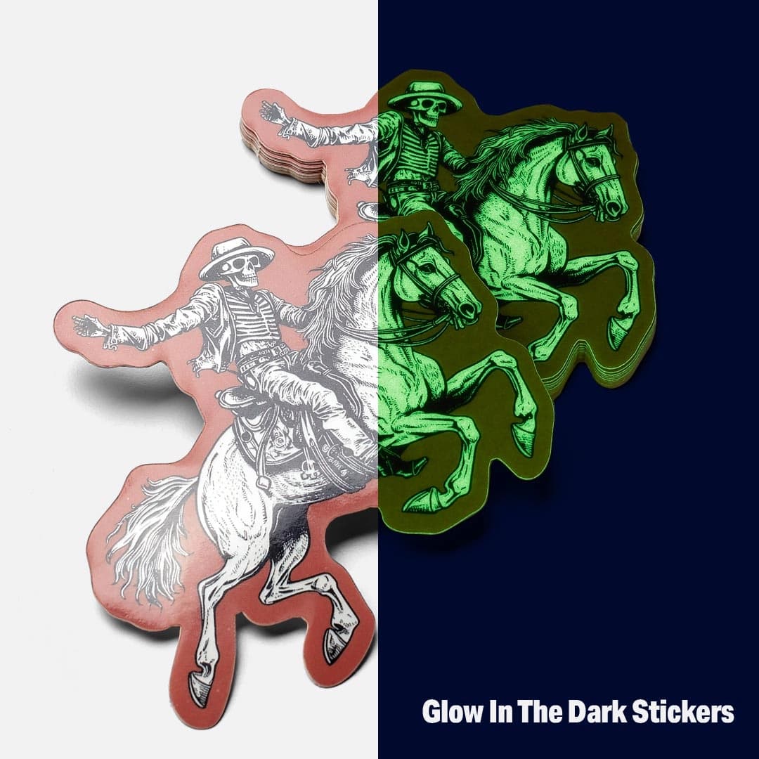 A skeleton riding a horse - half of the picture is in daylight and half of the picture is dark showing the glow effect