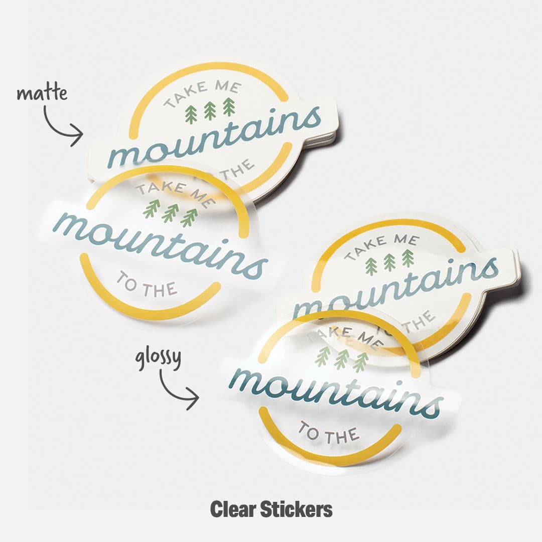 Clear stickers with glossy and matte finish options shown side by side for comparison.