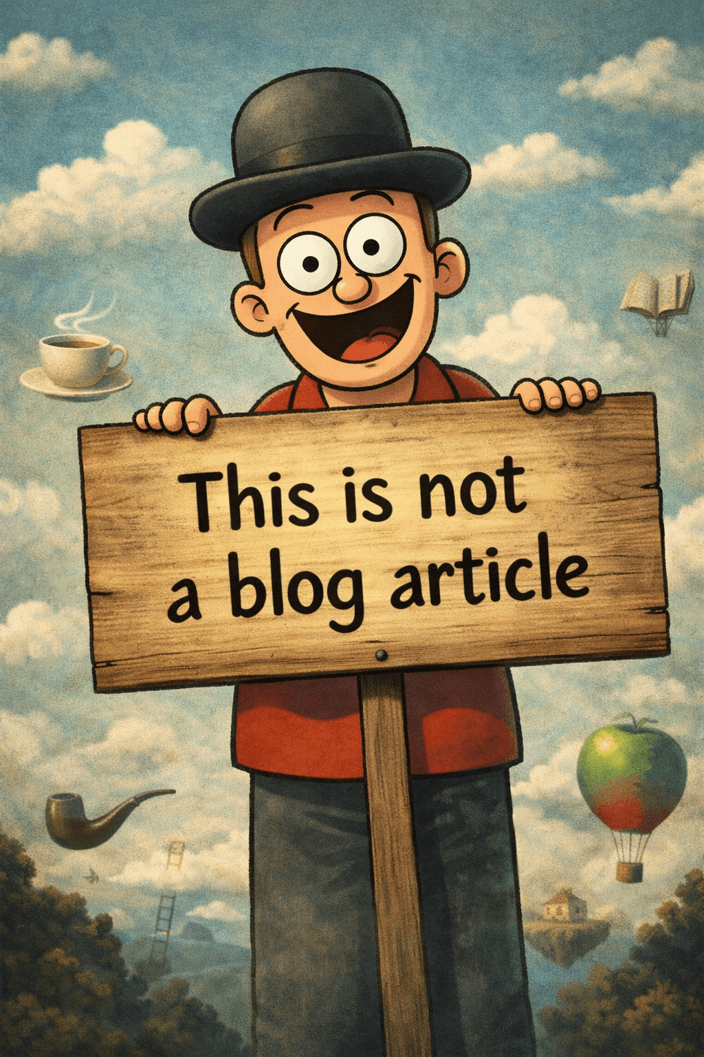 Silly cartoon man holding a sign that says "This is not a blog article"