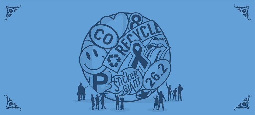 Illustrated scene of a large sticker covered ball with people gathered around it on a blue background.